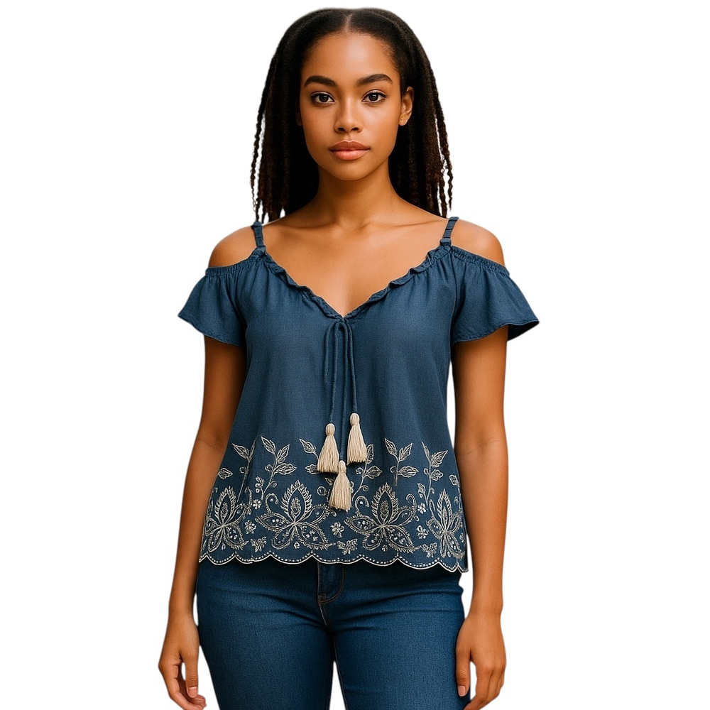 Abercrombie & Fitch Blouse Womens S Blue Cold Shoulder Embroidered Boho Hippie